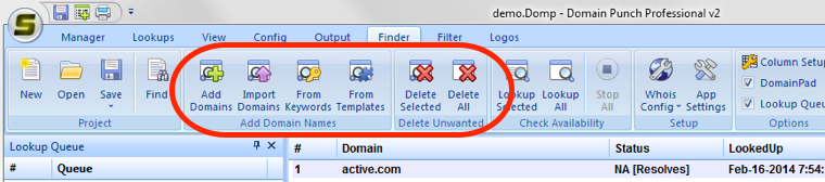 Adding and deleting domains in Domain Finder