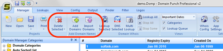Ribbon bar buttons for adding and deleting domains