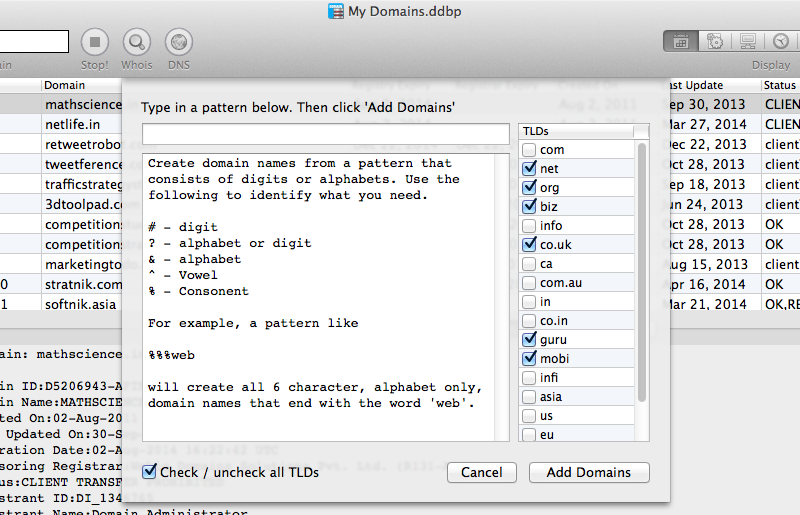 Alpha-numeric domain name generator in Watch My Domains for Mac OS X
