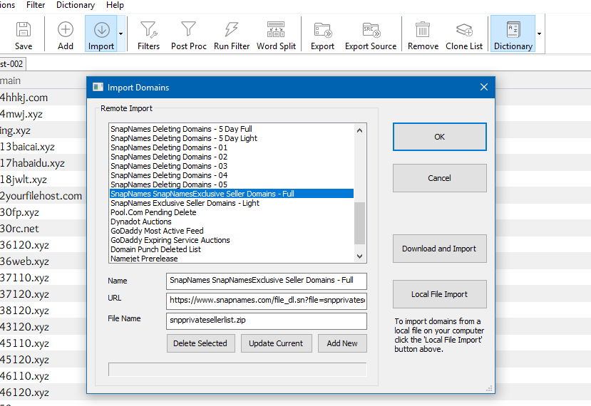Import from Domain Name Drop Lists