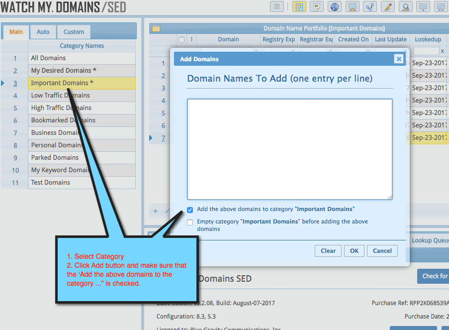 Assign a Category while adding domains