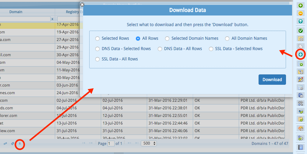 CSV Download Button in Domain Data Table