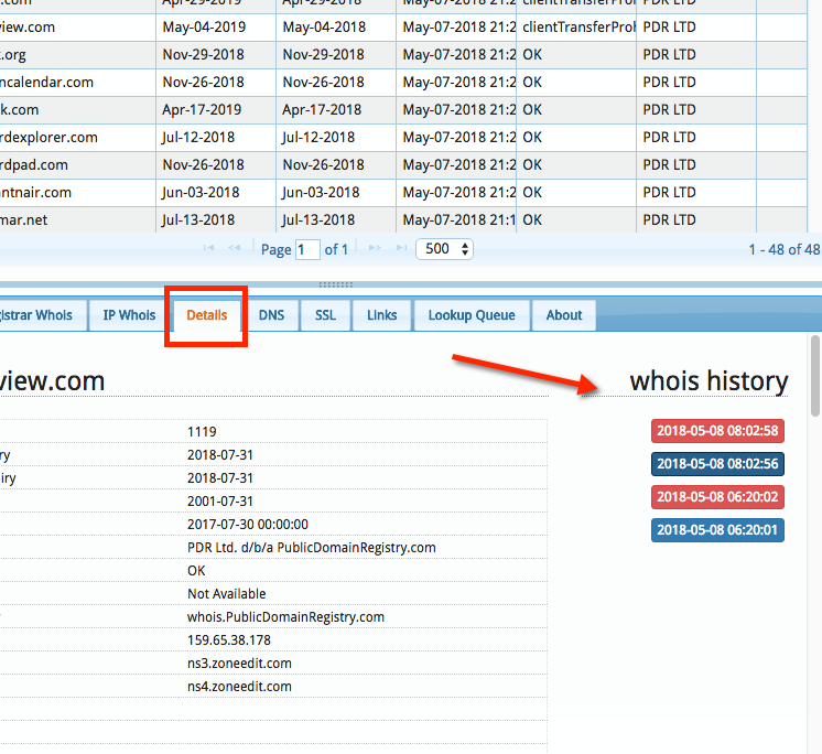Whois History Information in Details Pane