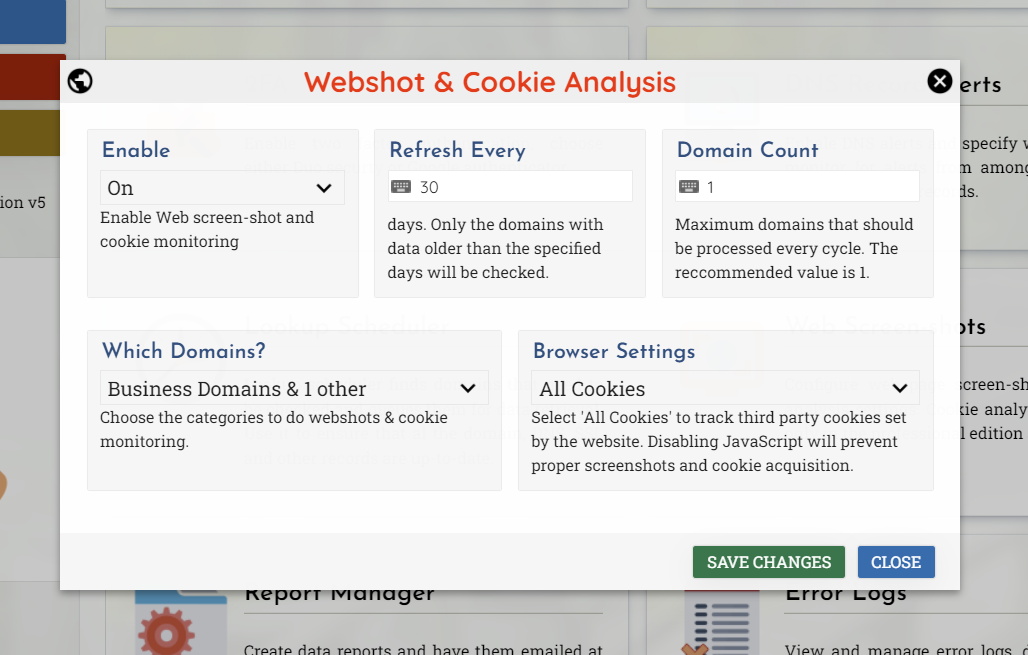 Enable webshots and cookie analysis